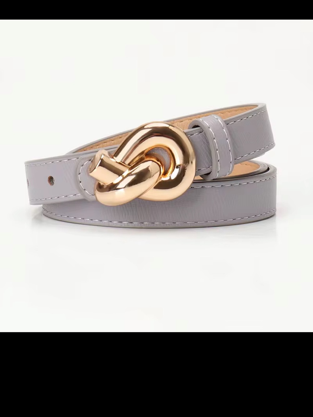 Slim Knot-Detail Leather Belt in Light Gray with Gold Buckle
